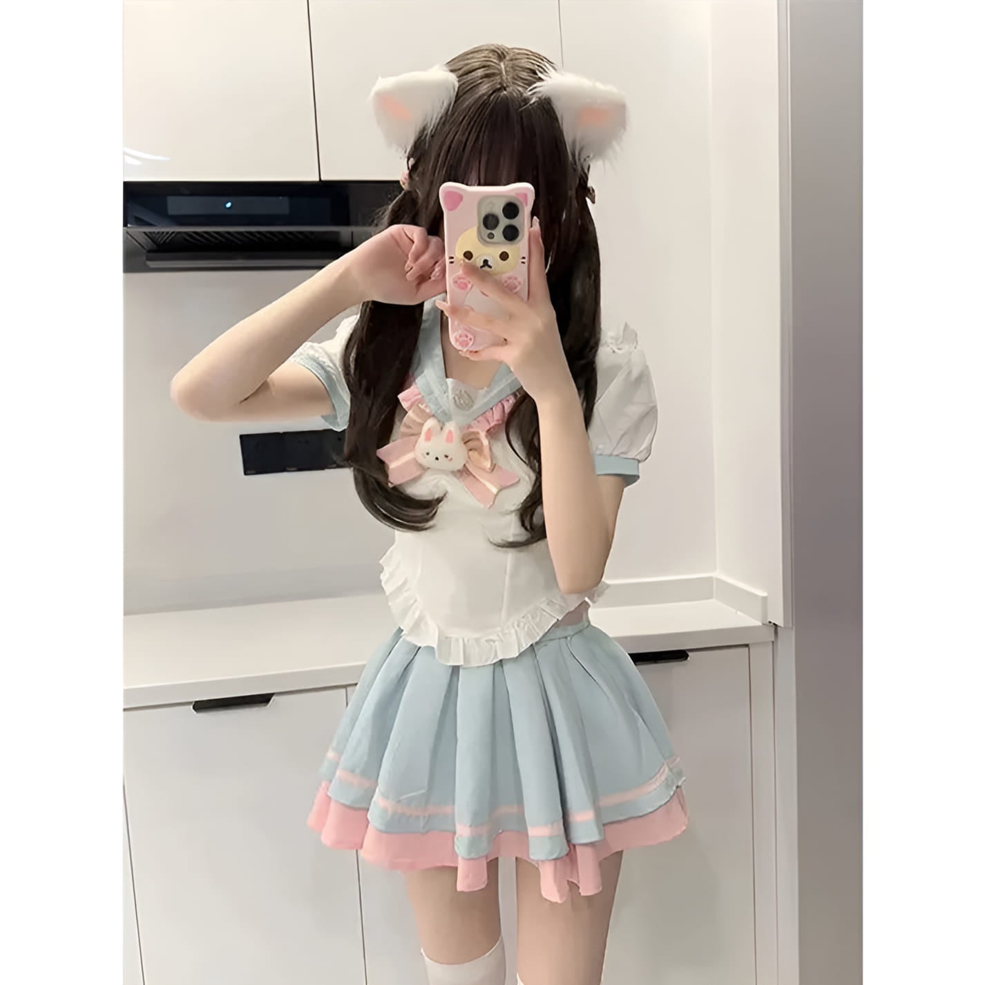 Soft and stretchy bunny-themed DDLG uniform with classic collar and feminine, flirty pink design
