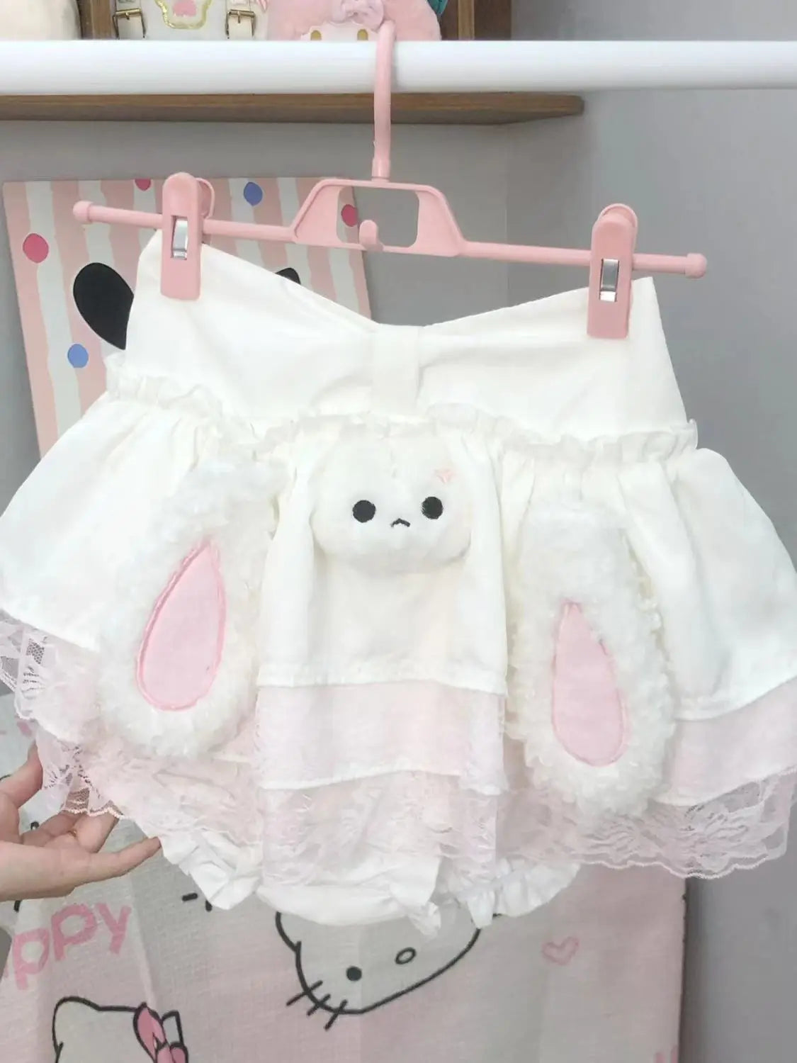 flirty bunny mini skirt pastel colors with lace trims frilly layers and 3D bunny face for magical little space
