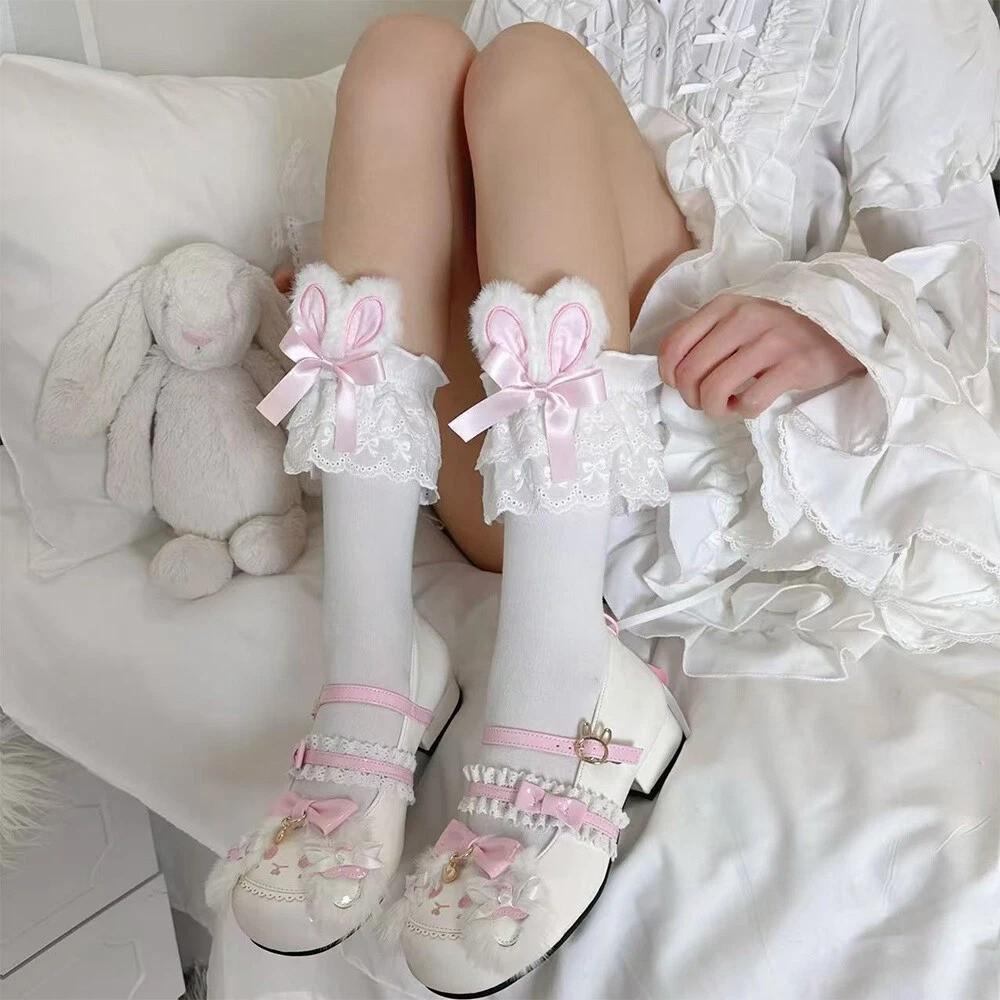 Flirty pastel pink Bunny Ear Lolita socks, perfect for kawaii cosplay, cutecore outfits, and playful DDLG moments
