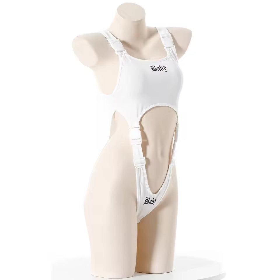 Flirty white bodysuit with black lettering cutecore baddie style