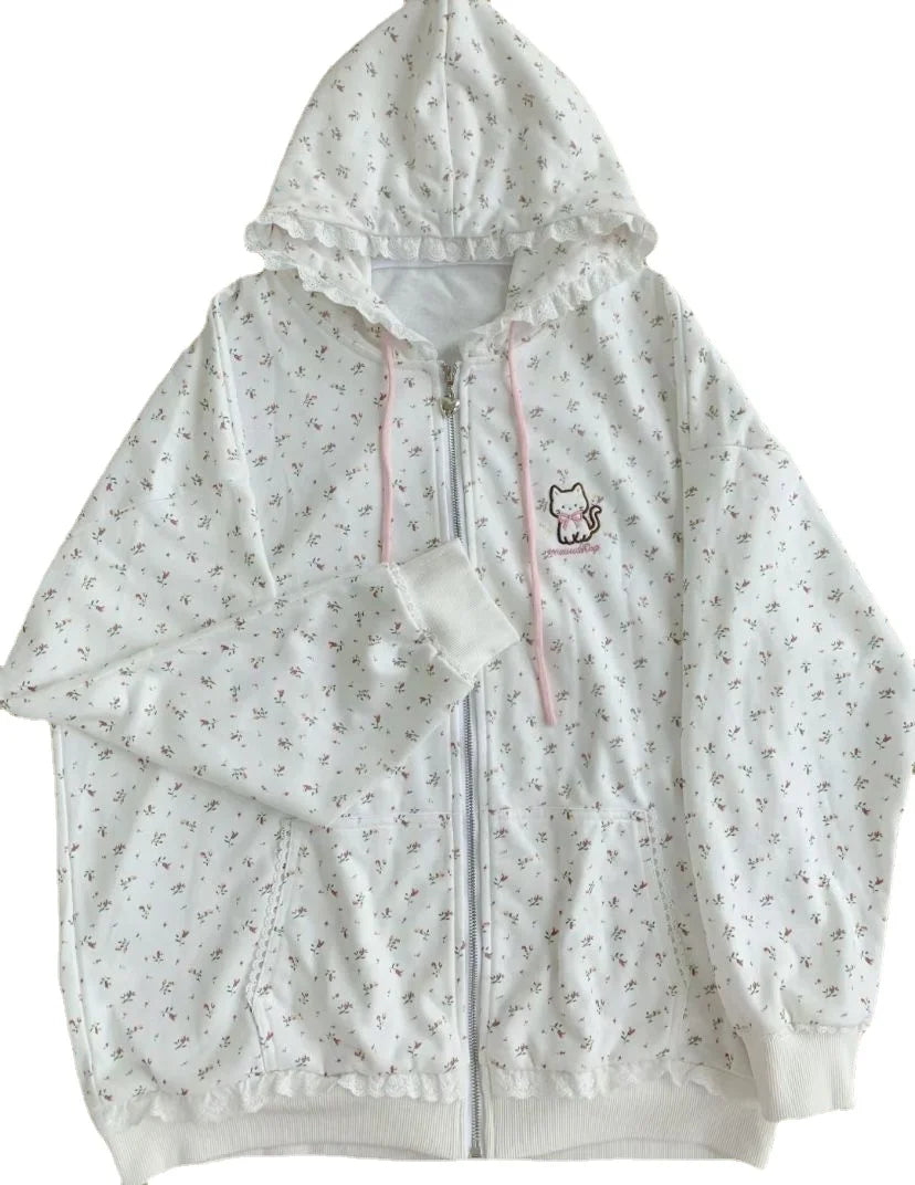 Softgirl aesthetic jacket with floral accents and softcore kitty design