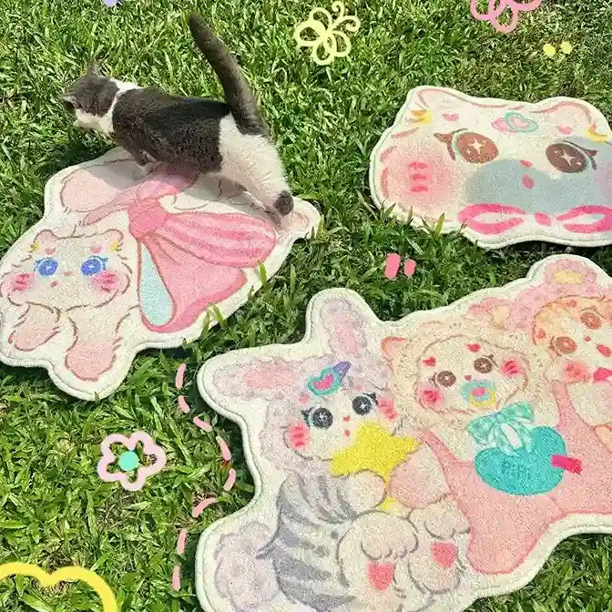 trio of kawaii pastel rugs featuring baby cats in cozy soft girl nursery styles