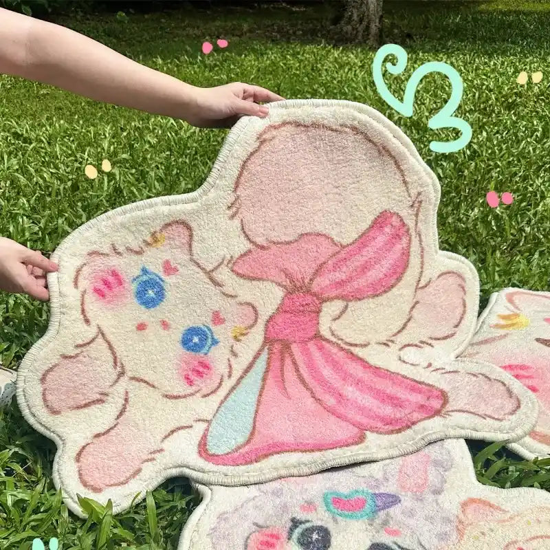 detailed close-up of kawaii cat rug with big blue eyes and pastel pink bow tie for cozy spaces