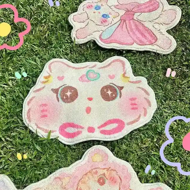 close-up of cat head rug with pink blush and cosmic black eyes, soft and comfy kawaii décor