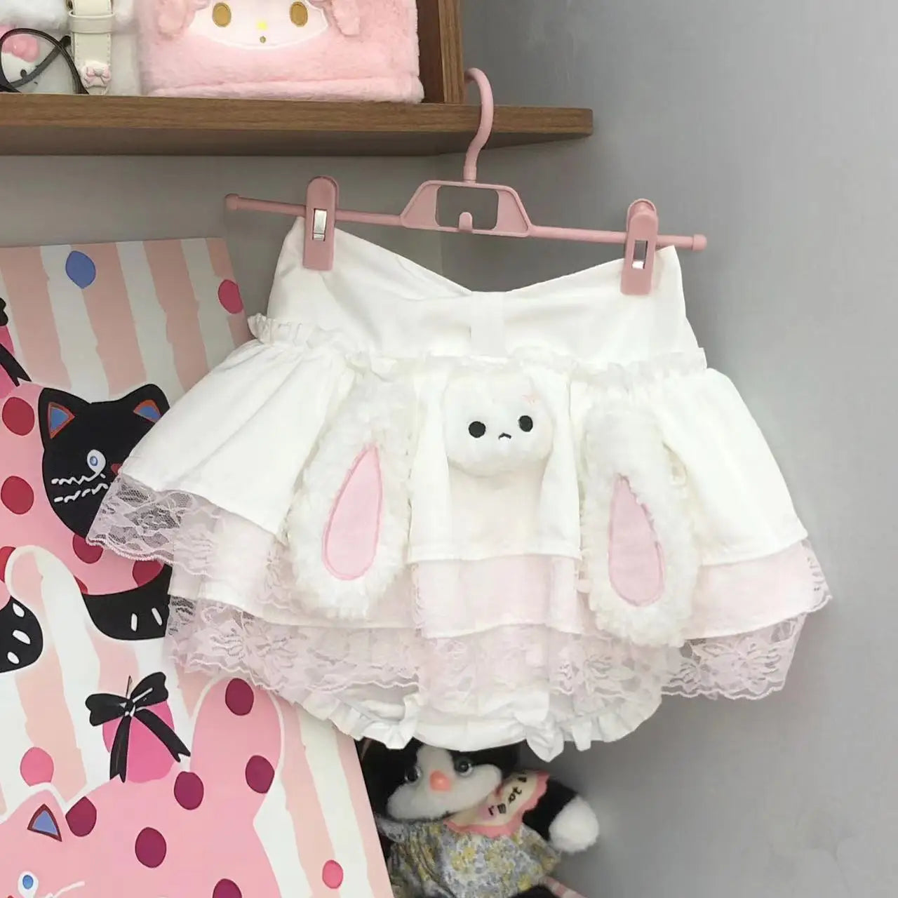 fluffy bunny kawaii mini skirt with 3D bunny face and ears, frilly two-layer skirt, lace trims for pastel playdates