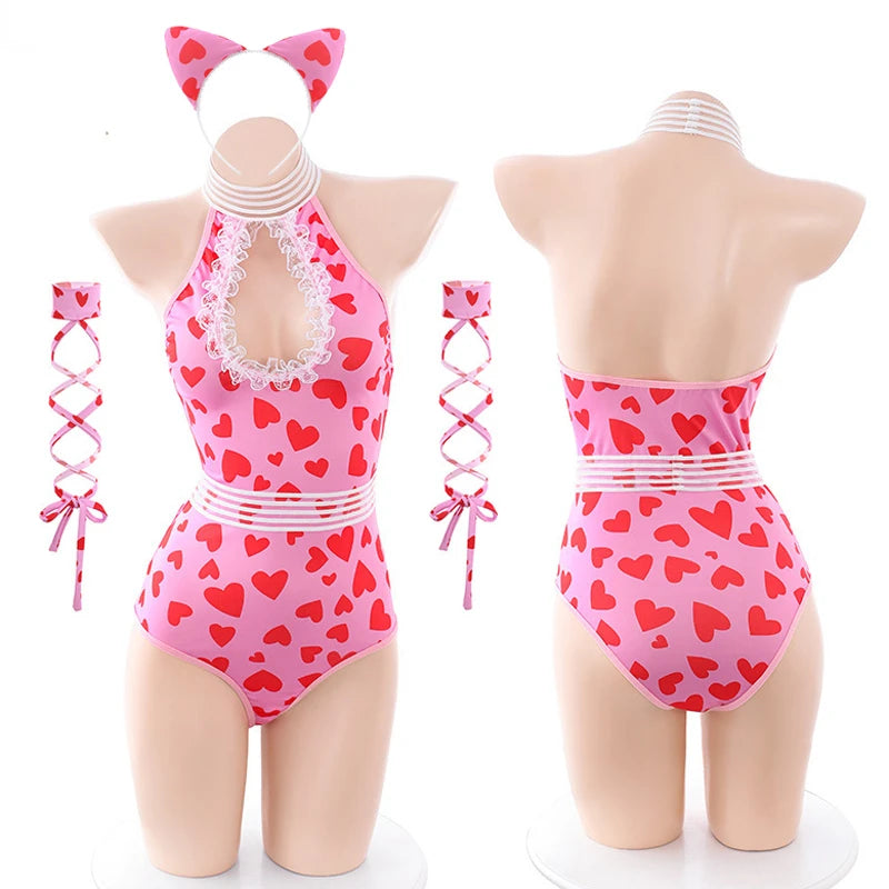 Cute pink heart Forever Crush Kawaii Cosplay Set, flirty cut-out bodysuit, kitty ears, wristbands, and belt for ddlg dollcore play