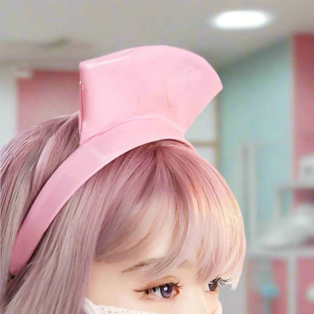 Full flirty pink nurse latex set with headband, gloves, socks, mask, buckles, and dress for sultry cutecore cosplay