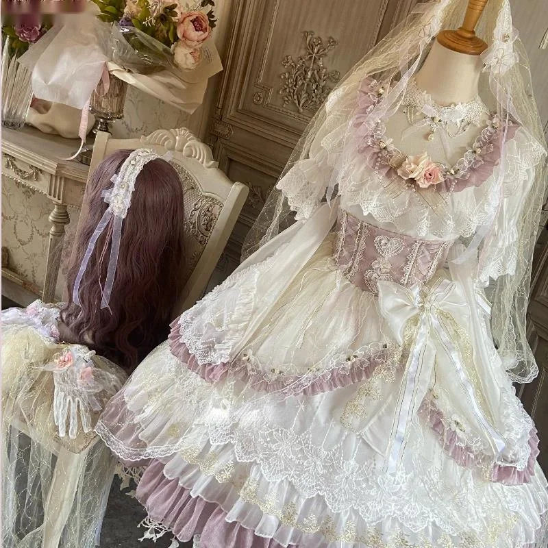 Full set porcelain doll dress with sleeves, gloves, and accessories