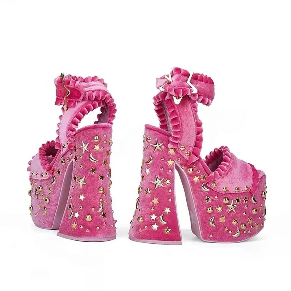Galactic Glow chunky platform heels Y2K style with planets, stars, and bold