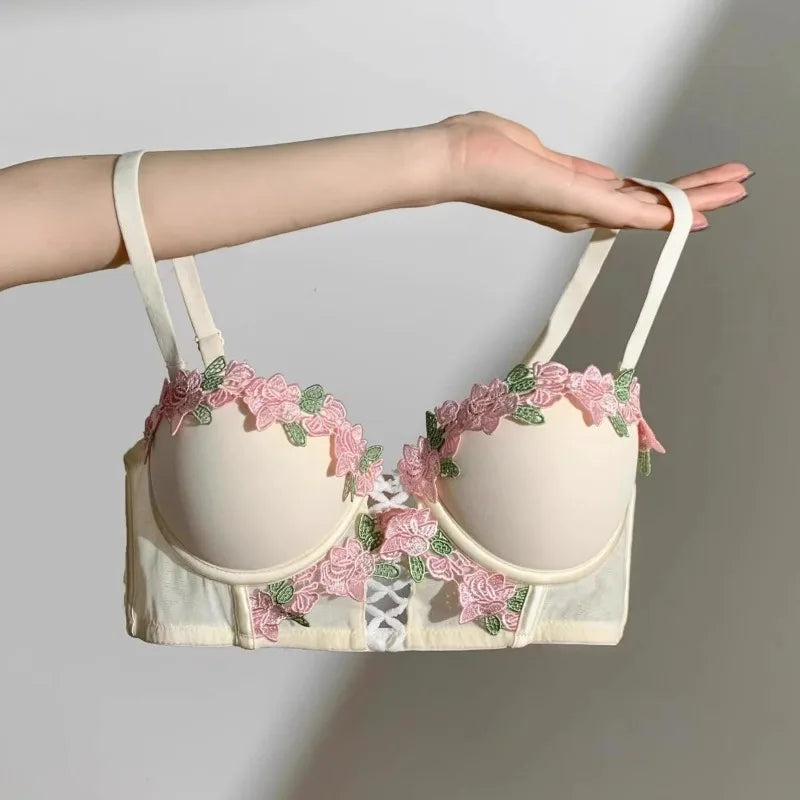 Garden green bustier and panty set with floral embroidery and lace-up detailing for DDLG ABDL soft girl outfits