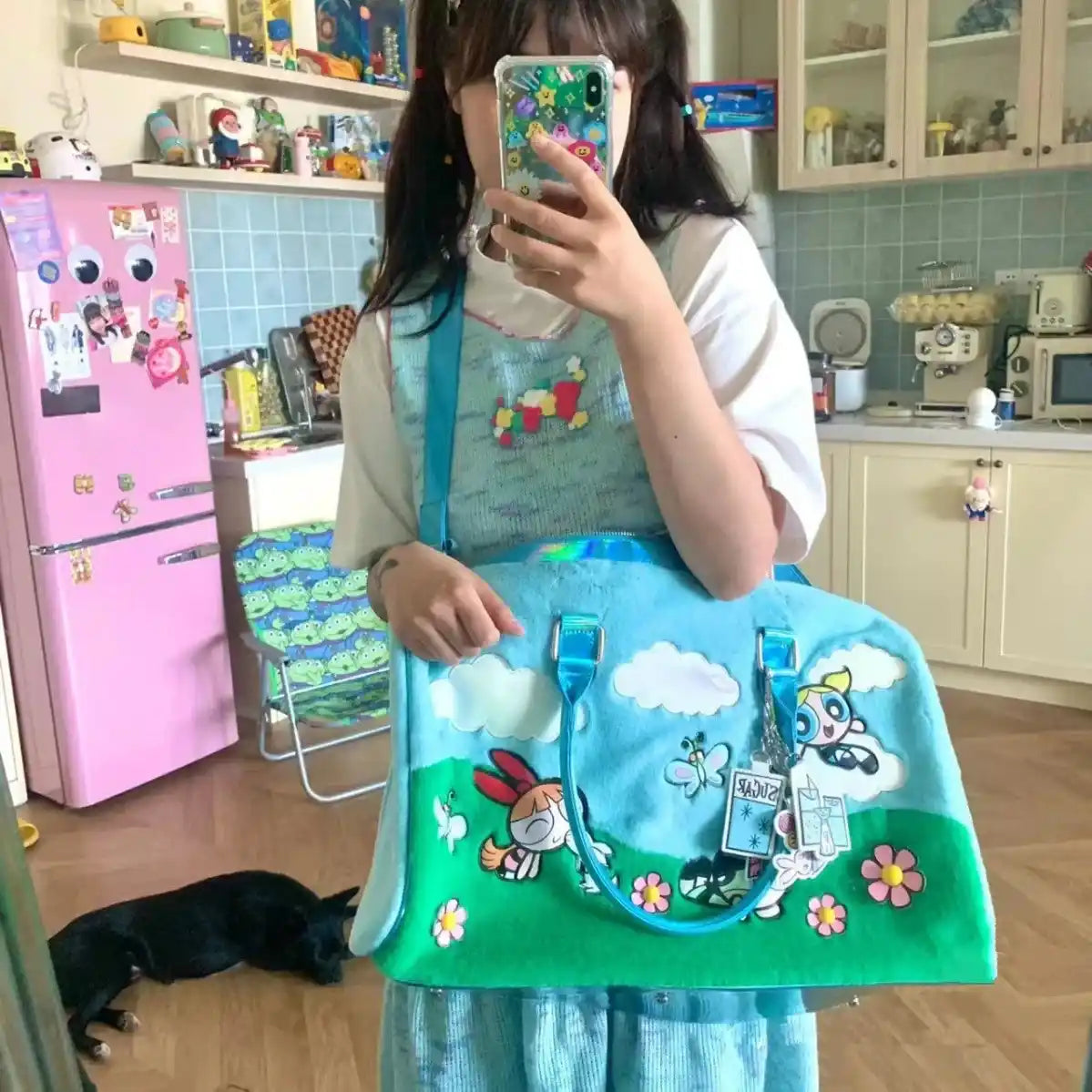 Blue Girlcore plush bag with sparkling holographic handles, ideal for ABDL and DDLG pastel aesthetics