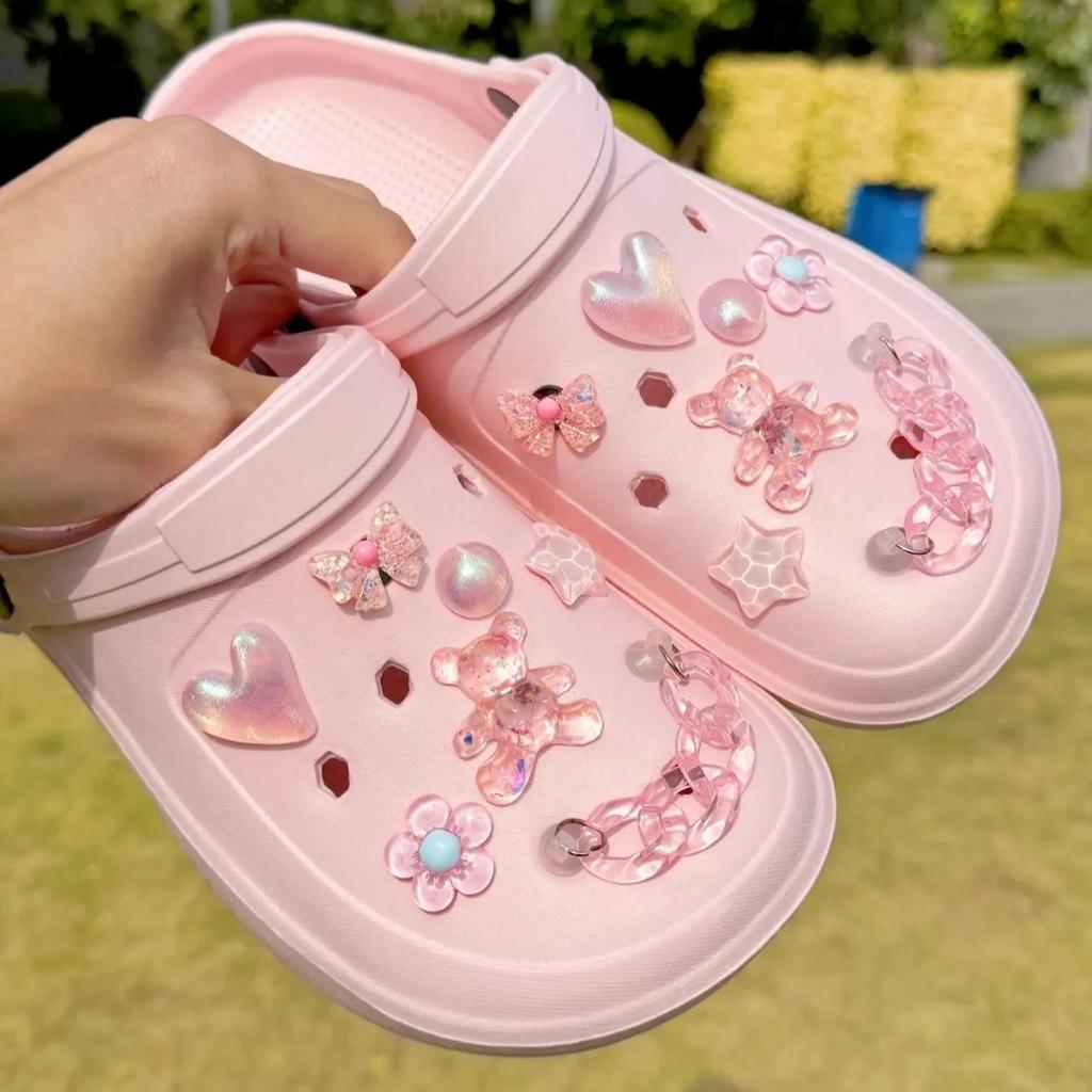Girly sparkle shoe charms in pink and clear designs with bows and stars