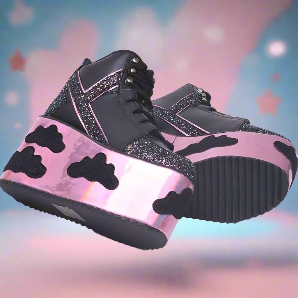 Glittery black princess platform shoes with holographic shine for ABDL, kawaii, and fantasy fashion