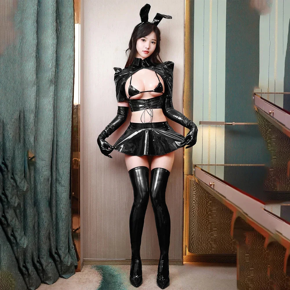 glossy black patent leather bunny lingerie set with lace-up bra and pleated skirt for ddlg kawaii cosplay