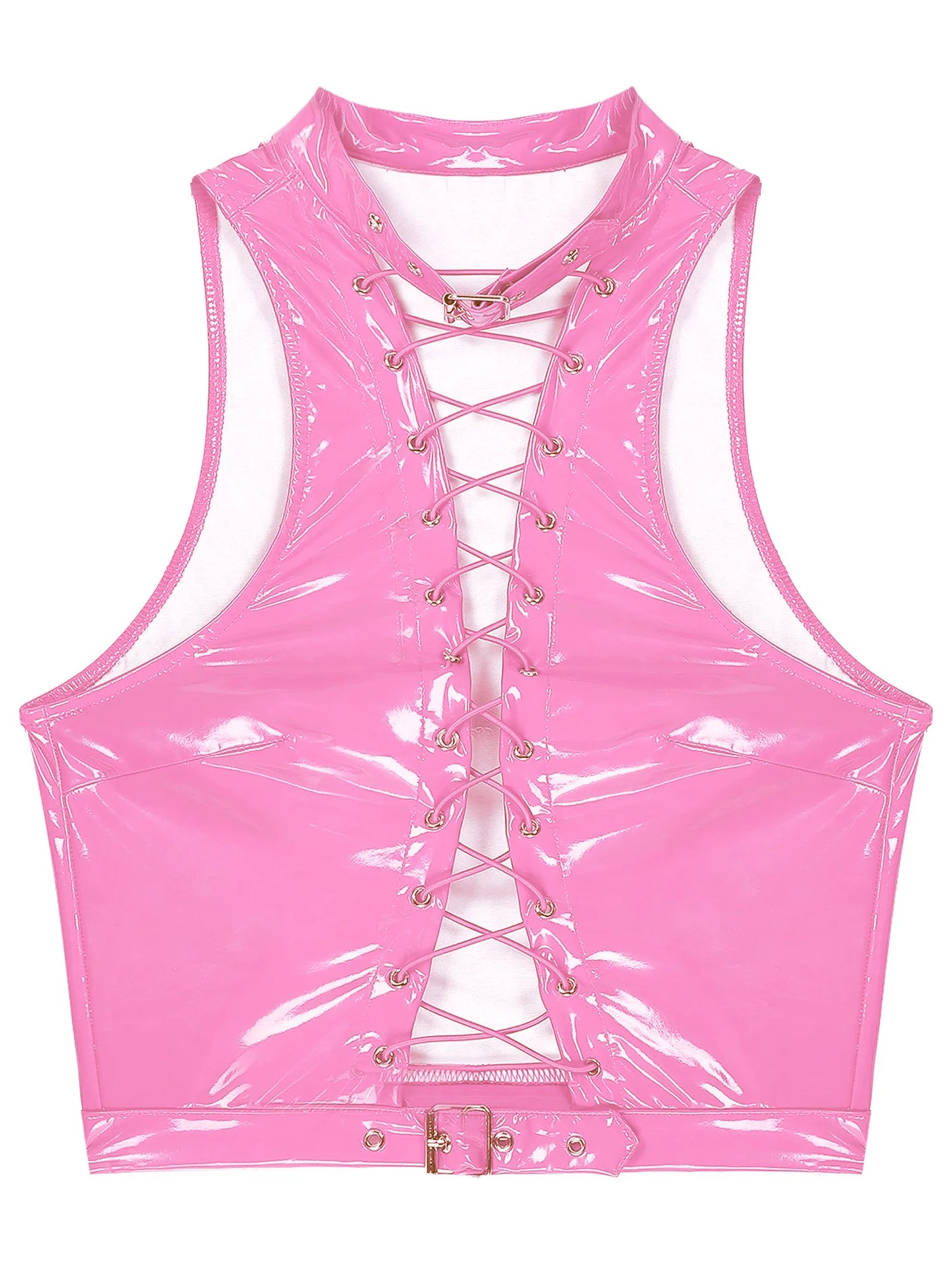 Glossy pink lace crop top with corset detail, sexy cutecore DDLG vibes for playful fantasies
