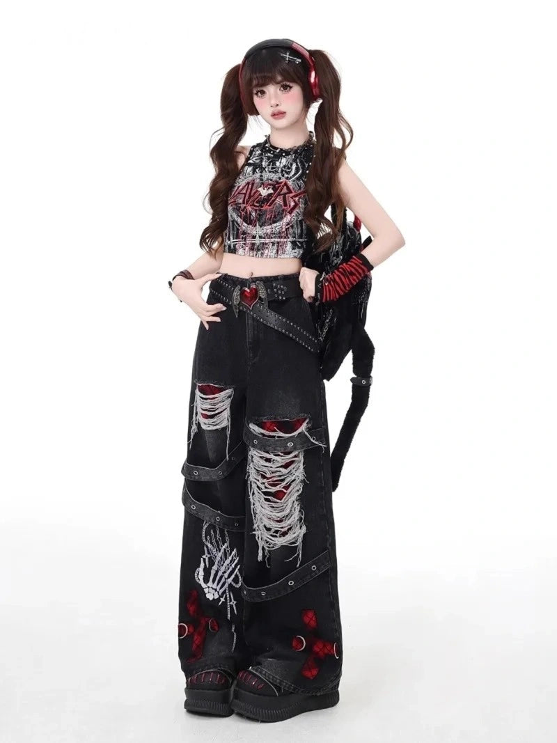 Goth baddie denim pants in black with alternative fashion distressed details