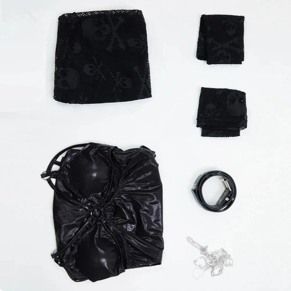 Backless bodycon dress full set with mesh overlay, heart waist chains, sleeves, belt, sexy gothic baddie outfit