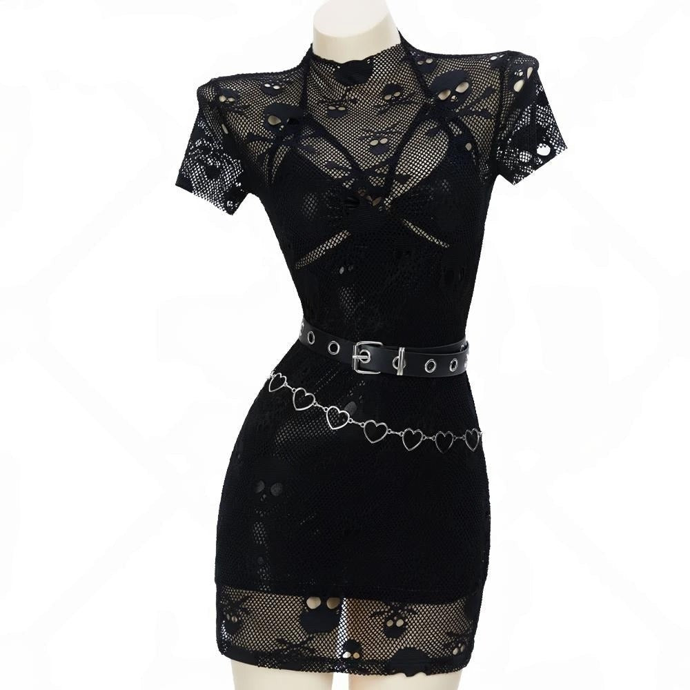 Glossy ice silk dress with skeleton mesh overlay, heart waist chains, sleeves, and belt, ultimate gothic baddie look