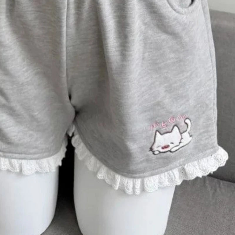 Comfy gray lounge shorts with kitten embroidery and ruffles for kawaii DDLG ABDL loungewear