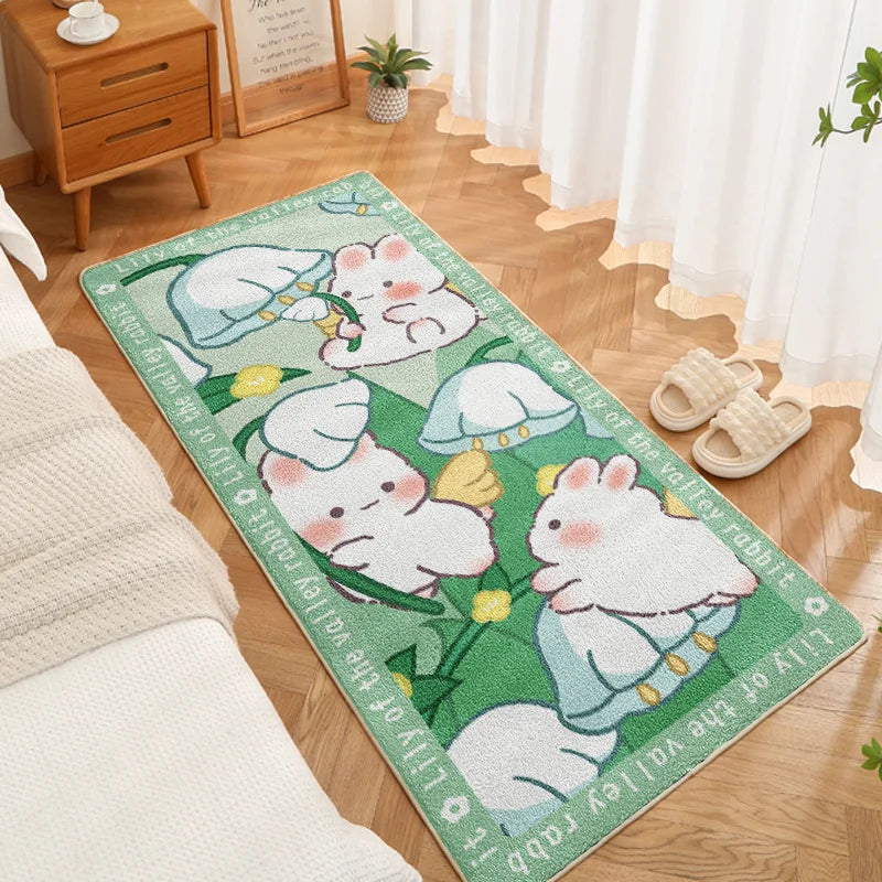 Green kawaii carpet decorated with white bunnies and daisy-like flowers, perfect for soft girl DDLG room theme