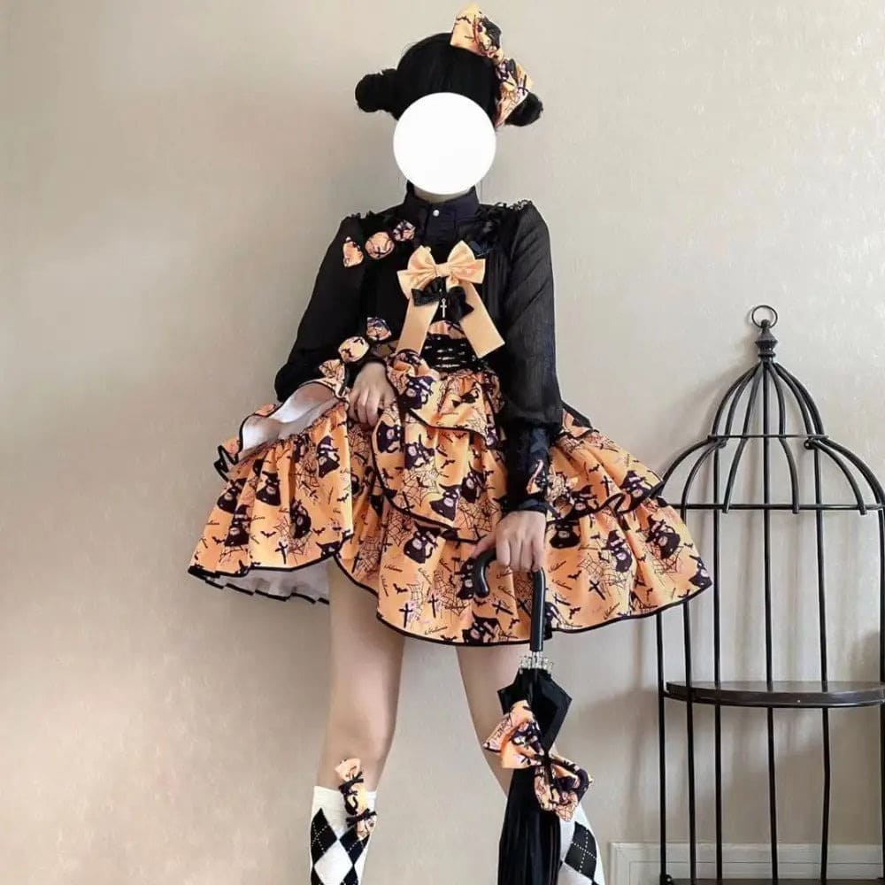 Haunted Babydoll Lolita Dress orange color, spooky kawaii aesthetic with alt fashion and bratty charm