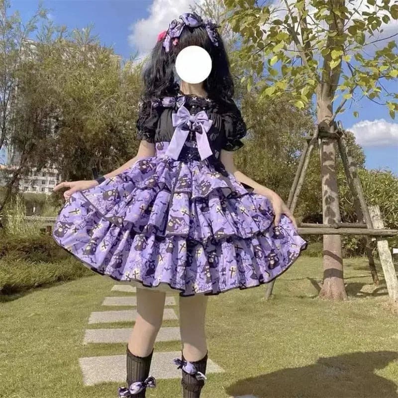 Haunted Babydoll Lolita Dress purple shade, gothic babycore with brat-approved ribbons and delicate lace