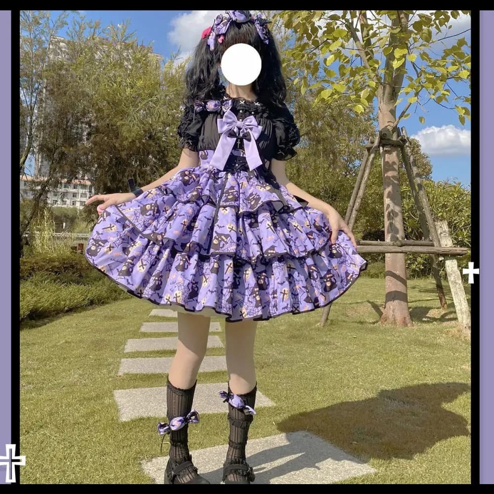 Moody purple lolita dress with delicate ribbons and spooky goth vibes, ideal for bratty kawaii fashion