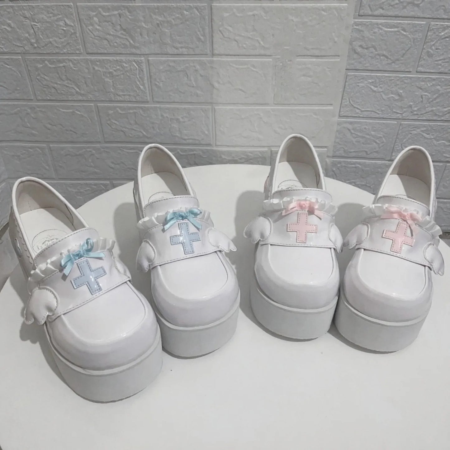 Elevate your softcore DDLG look with Healing Halo Platform Heels featuring angelic wings and frilly bows