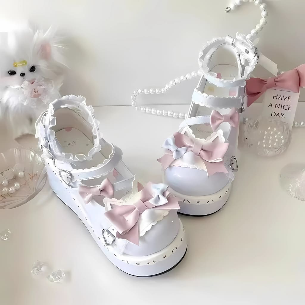 Soft girl pastel wedge shoes with heart-shaped buckle, comfy heels, and vintage charm for Lolita, cosplay, and kawaii fashion vibes.