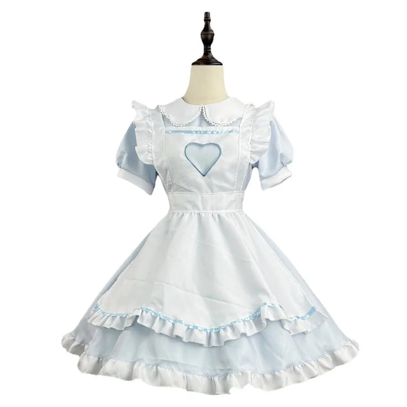 Heart Lolita maid cosplay dress set with apron, bunny headband, pastel cutecore, kawaii lifestyle for DDLG and ABDL aesthetics