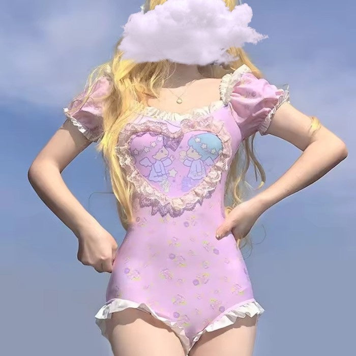 Heavenly Cherub Heart Onesie, pale pink kawaii DDLG softcore onesie with ruffle trim and cherub design