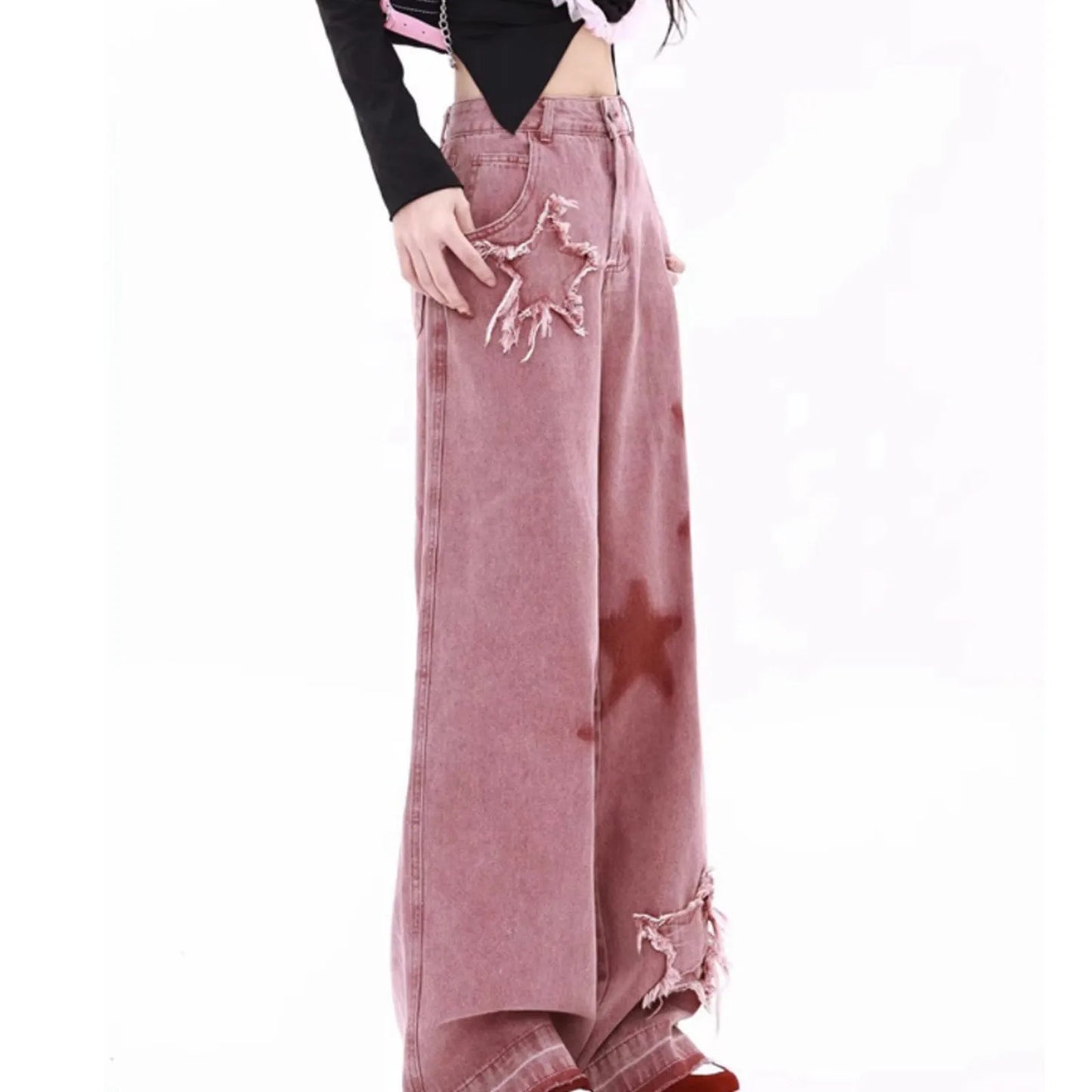 High-waisted pastel pink denim jeans with star details for cute ddlg kawaii looks