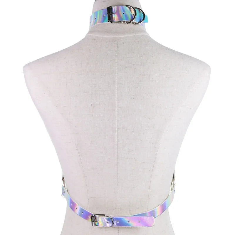 Back view of holographic chain harness top, adjustable vegan leather straps, dreamy cutebaddie festival and DDLG fantasy accessory