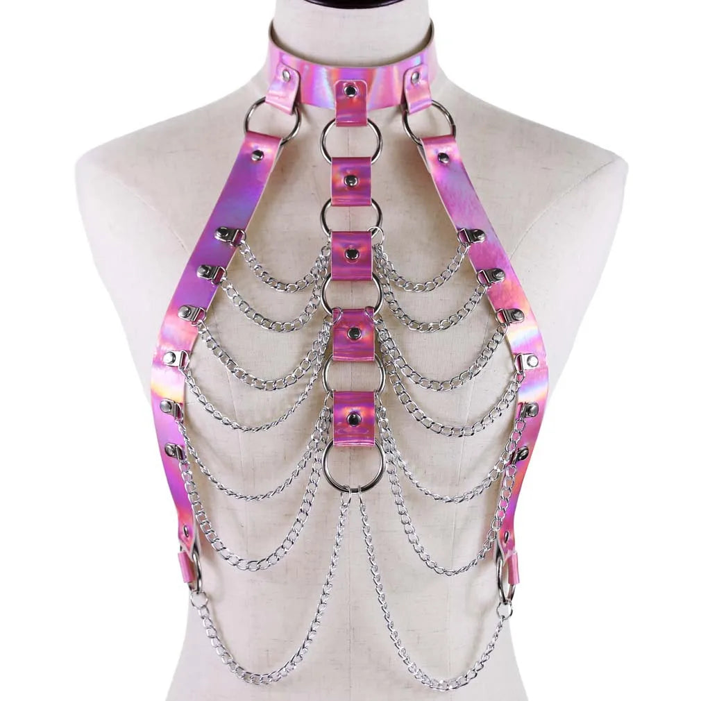 Holographic chain harness top in dreamy pink, adjustable vegan leather, flirty cutebaddie & DDLG fantasywear