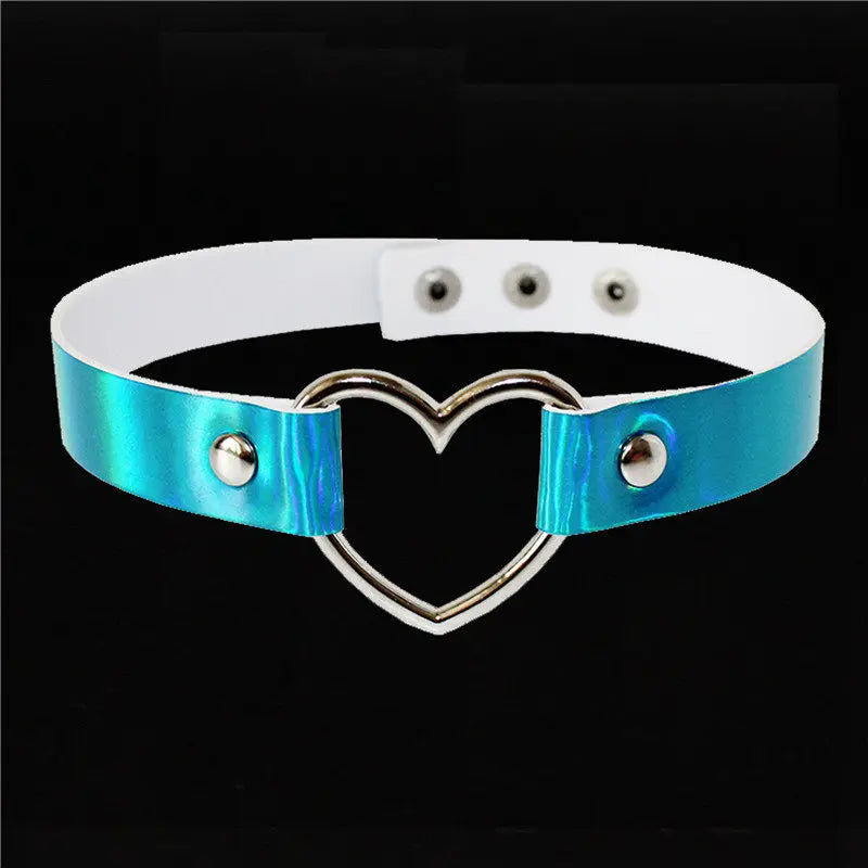 Blue Holo Heart Glow Choker with radiant heart charm, DDLG accessory, holographic necklace