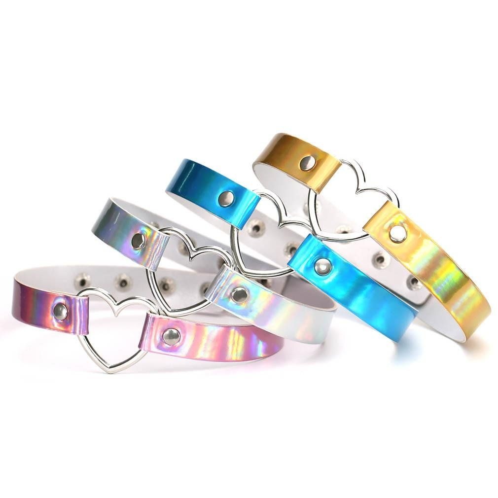 Holo Heart Glow Choker with iridescent finish and heart charm, perfect for DDLG and ABDL kawaii fashion.