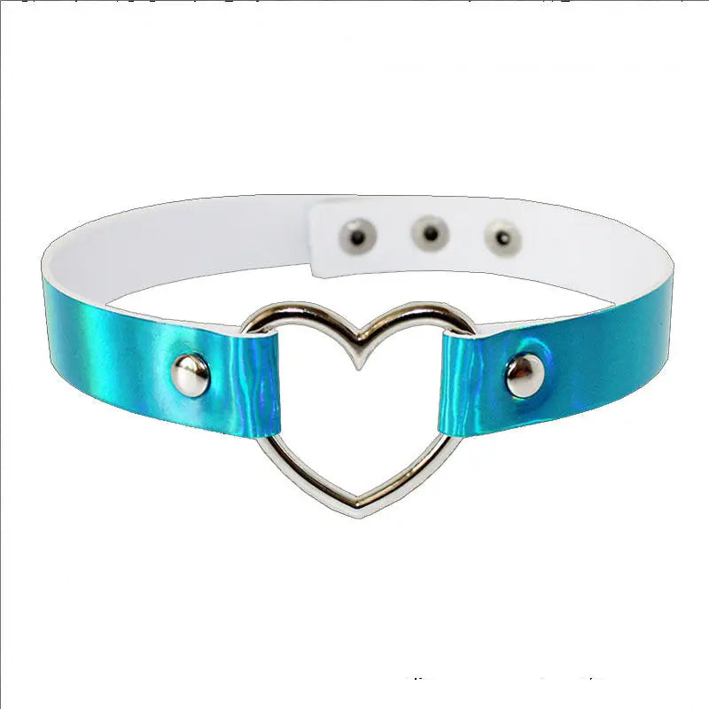 Deep blue Holo Heart Glow Choker with iridescent heart charm, kawaii glow accessory