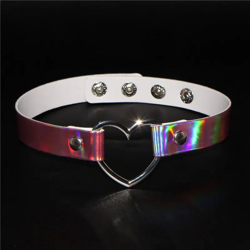 Light pink Holo Heart Glow Choker, holographic heart charm, cutecore rave necklace