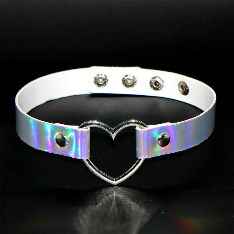 Holo Heart Glow Choker in pink with iridescent heart charm, kawaii DDLG accessory