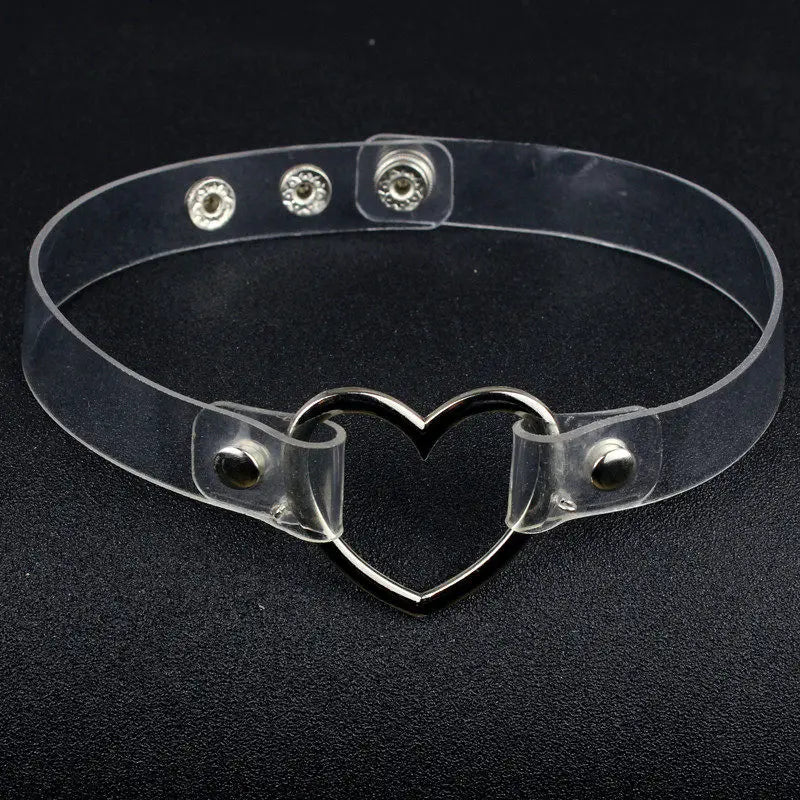 Transparent Holo Heart Glow Choker with shimmering heart charm, magical kawaii jewelry