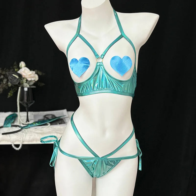 Holographic Teal Bunny Set with bunny ears hood, kawaii DDLG/ABDL cutecore cosplay accessory