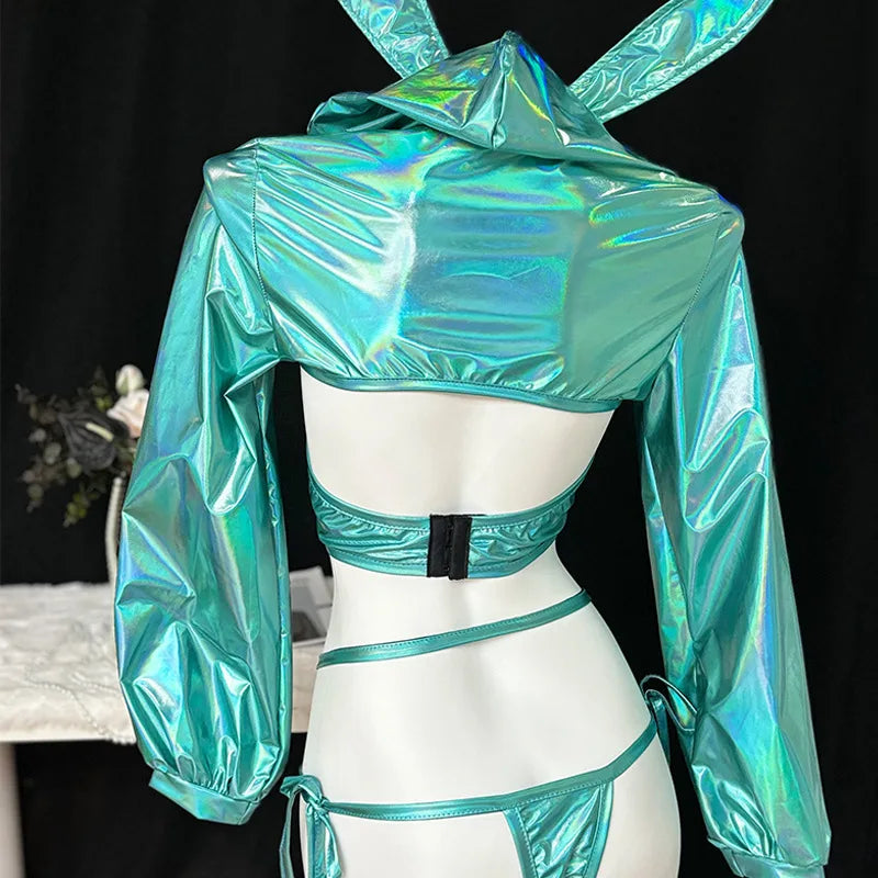 Holographic Teal Bunny Set, body-hugging DDLG/ABDL cutecore cosplay outfit with teal holographic shine
