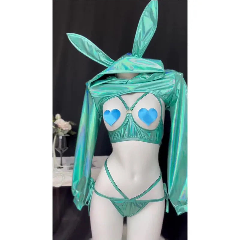 Holographic Teal Bunny Set with heart-shaped nipple covers, DDLG/ABDL cutecore kawaii roleplay outfit