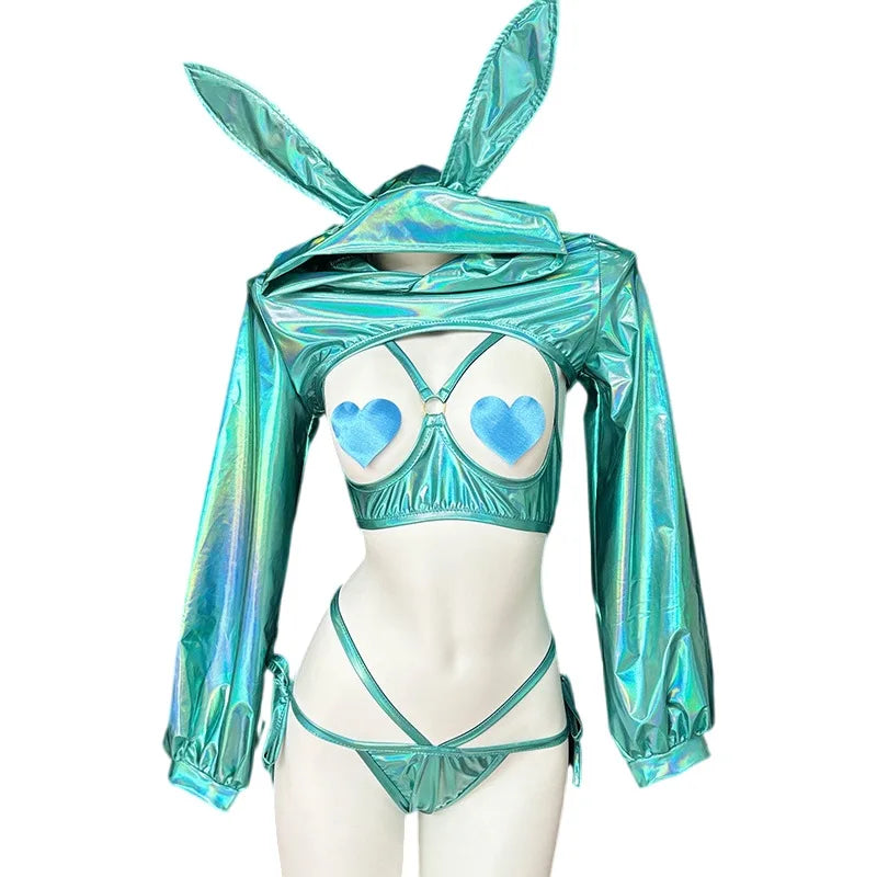 Holographic Teal Bunny Set with long-sleeve crop top, DDLG/ABDL cutecore kawaii cosplay outfit
