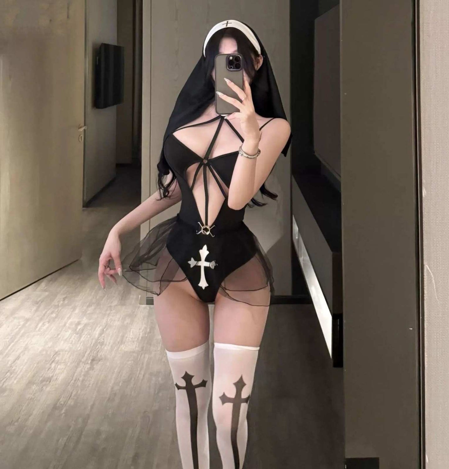 Holy Tease Bodysuit Package with veil, bodysuit, and stockings for DDLG, dollcore, cutecore, kawaii, baddie vibes — playful, seductive, and flirty