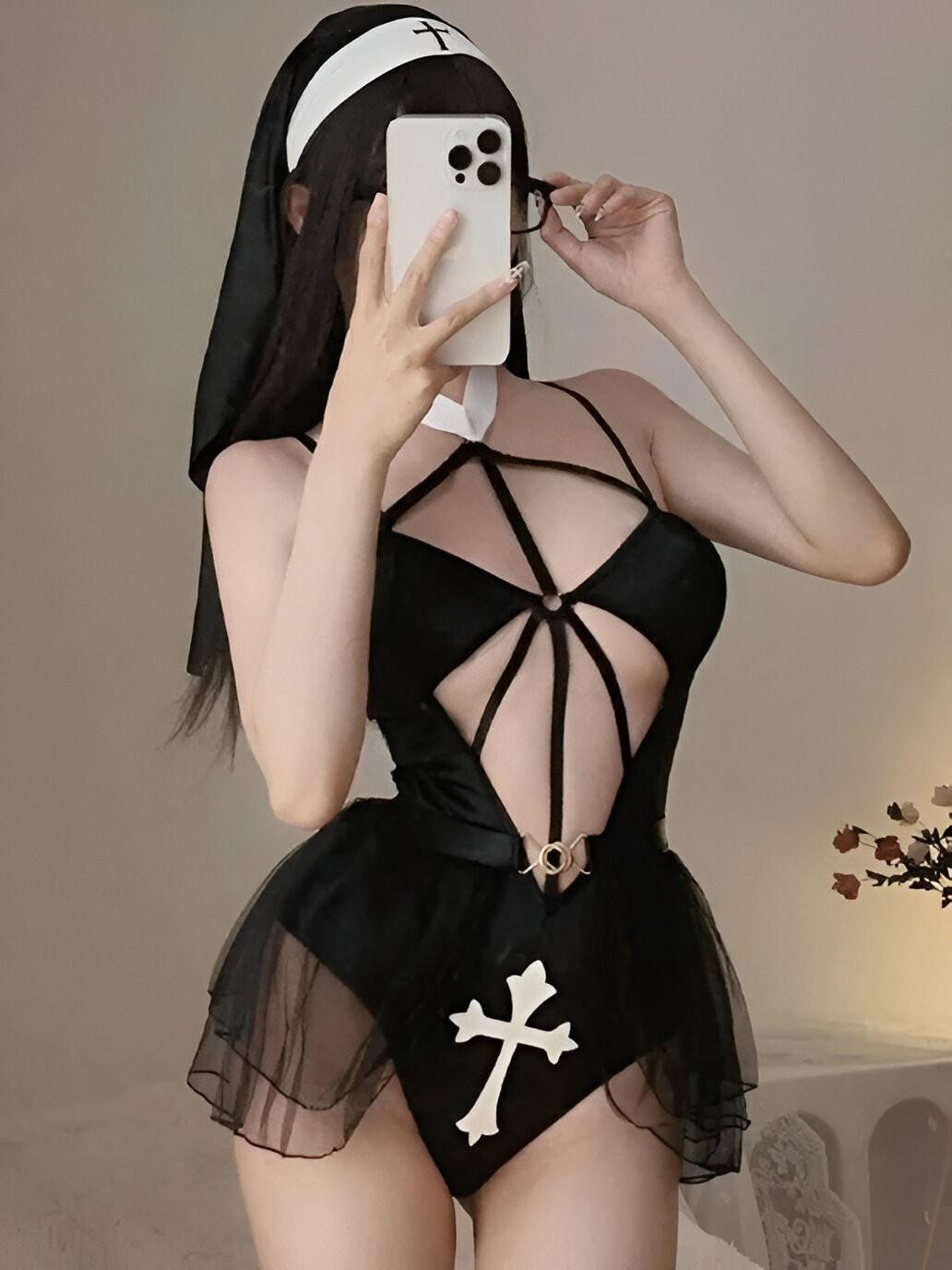 Holy Tease Bodysuit Set with veil, stockings, and flirty bodysuit for DDLG, dollcore, cutecore, kawaii, baddie aesthetic