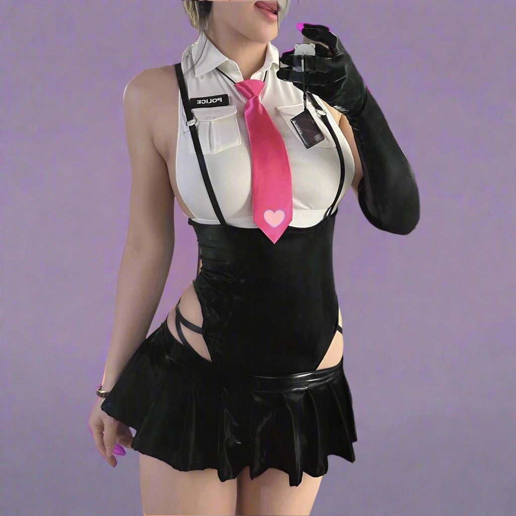 Hot Pursuit police cosplay set with cropped officer top, high-cut bottoms, and ddlg kawaii baddie style