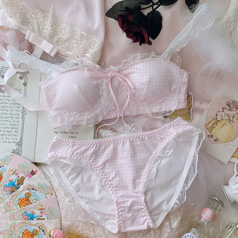 Insta-ready checked lingerie bra and panties set with breathable cotton and cute details for soft or spicy vibes