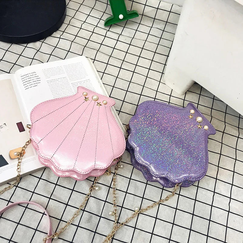 Pink and purple mermaid seashell bag set, kawaii pastel aesthetic for littlespace, ABDL, and dreamy bratty oceancore outfits ππ