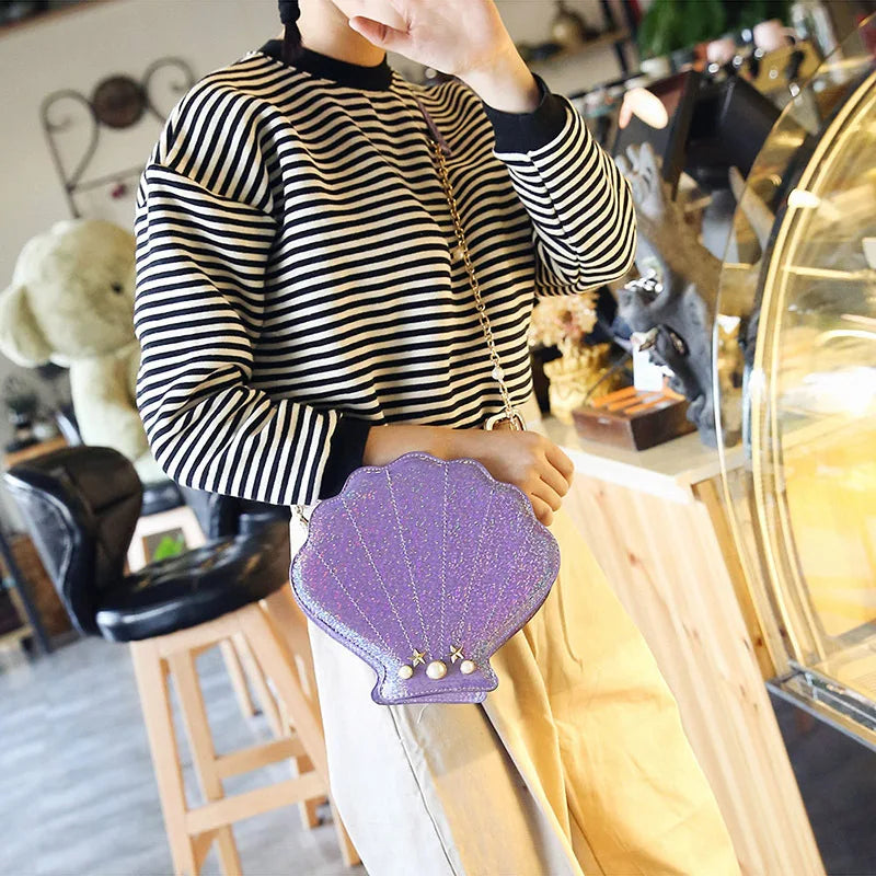 Purple kawaii mermaid seashell crossbody bag, iridescent finish, ABDL DDLG pastel baddie accessory with ocean princess vibes ππ